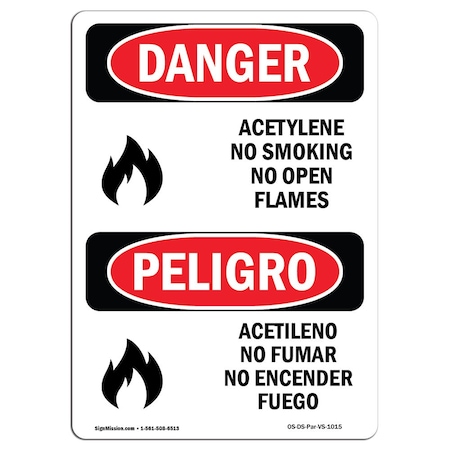 OSHA Danger, Acetylene No Smoking No Open Flame Bilingual, 18in X 12in Rigid Plastic